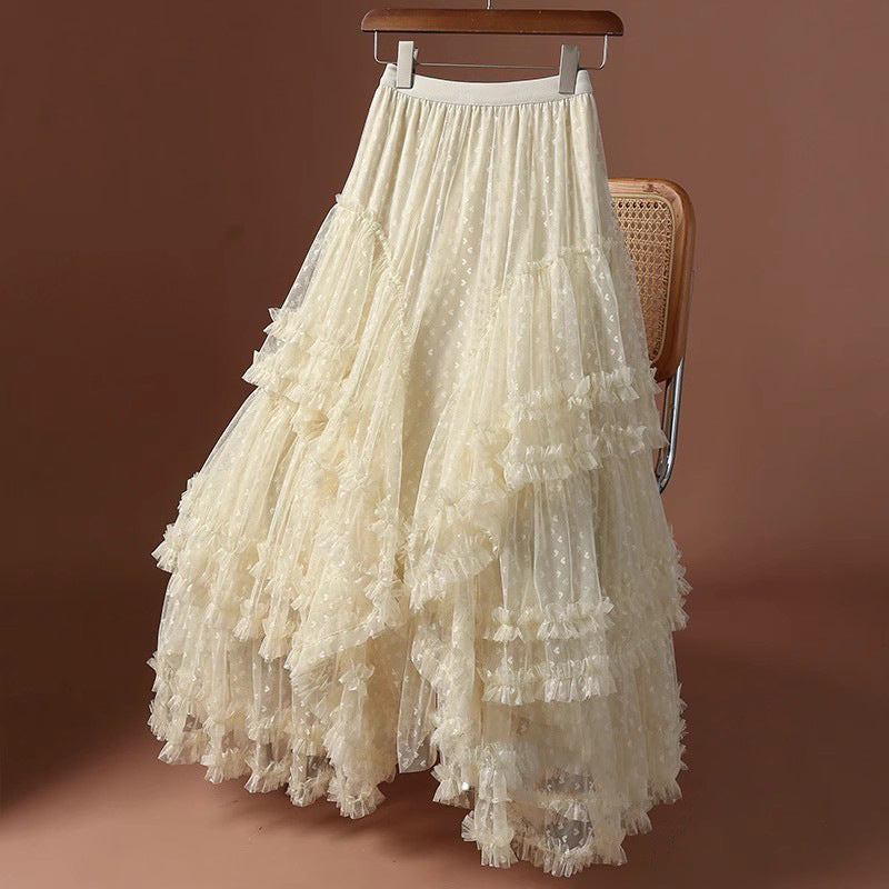 2026 Mesh Heart Printed Skirt Women Elastic High Waist Skirt Elegant Tulle A Line Ruffle Party Skirt Long Summer Saia Feminina