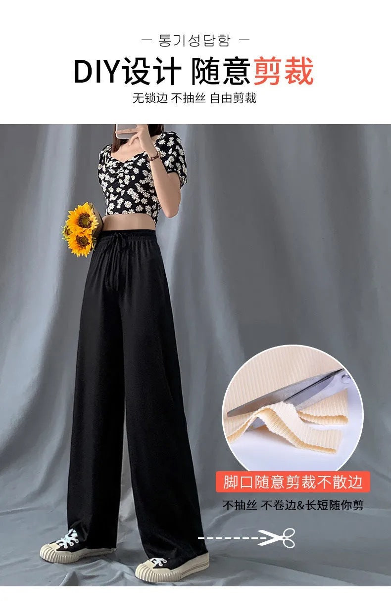 2026 Thin Ice Silk Wide-Leg Pants for Women, Summer Student Korean Style, Drapey Loose Fit, Versatile High-Waisted Elastic Thin Straight-Leg Pants