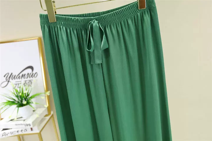 Korean style high waist drawstring lace-up ice silk seamless straight slimming wide-leg pants summer thin draping casual trousers