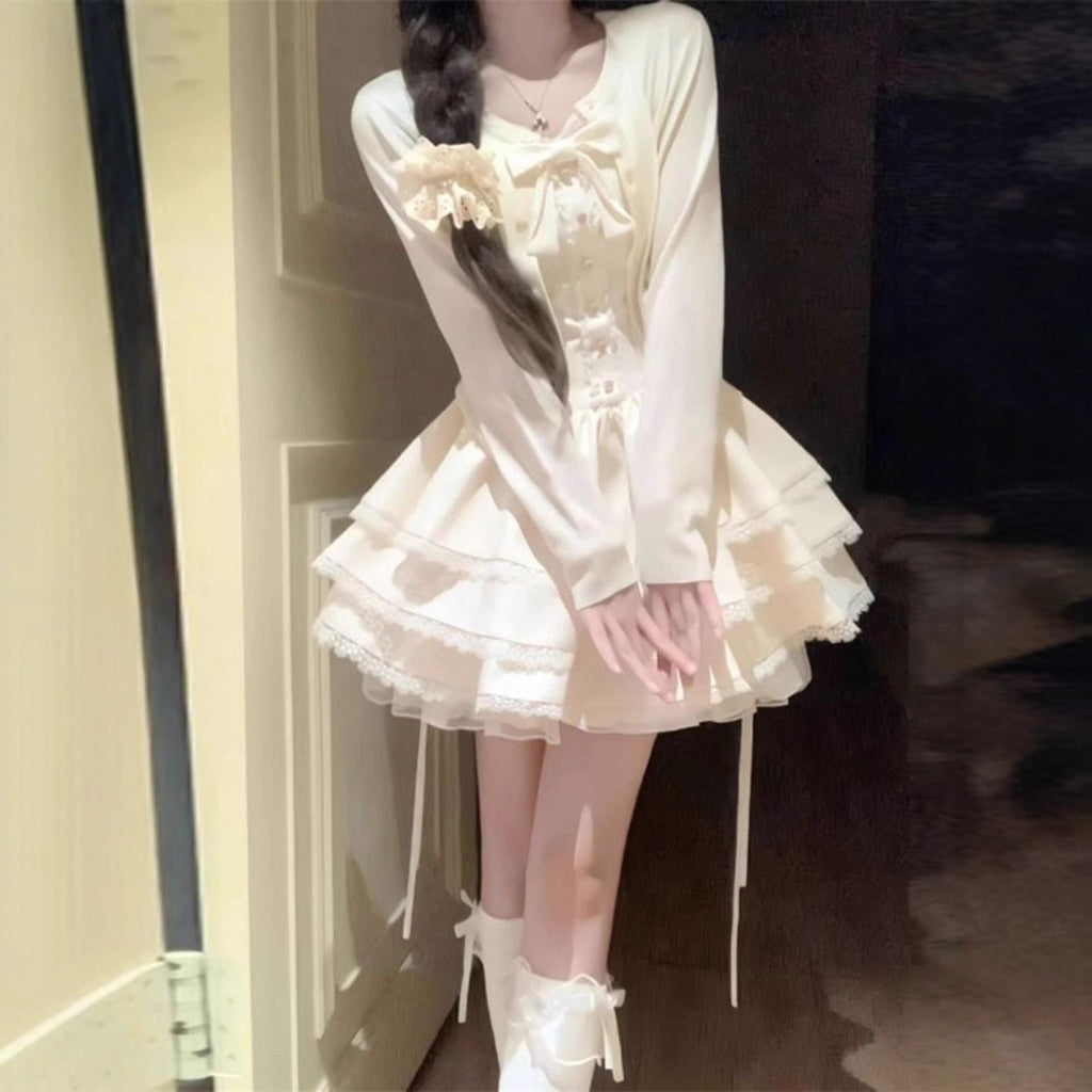 Early Spring Outfit for Petite Women: Pure and Desirable Style, High-End Cardigan Jacket, Puffy Cake Dress Two-Piece Set