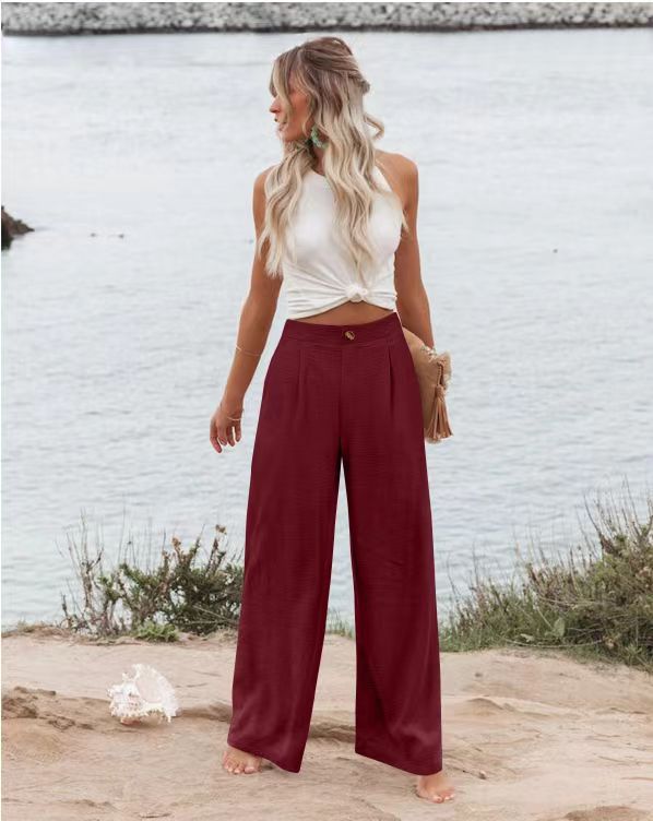 2026 Cross-Border Amazon European and American Summer Comfortable High-Waisted Long Pants with Buttons and Elastic Waist Wide-Leg Pants for Women Casual Straight-Leg Pants