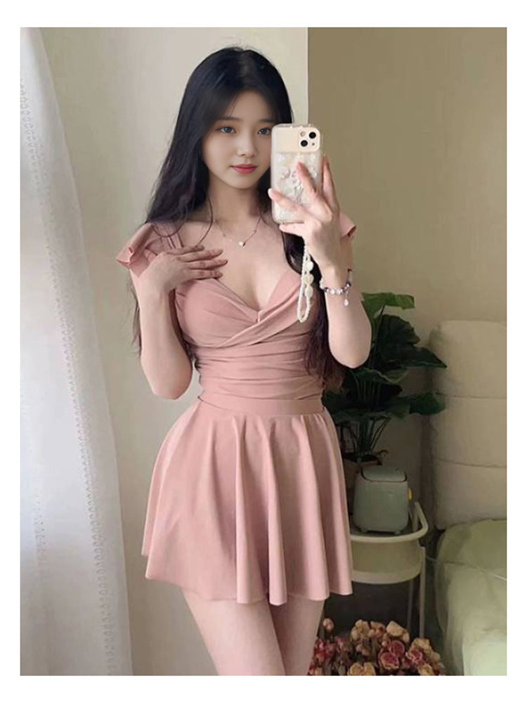 2024 New Pure Desire Style one-piece Triangle Bikini Skirt Swimsuit Girl Summer Gather to Cover Flesh Slim Hot Spring