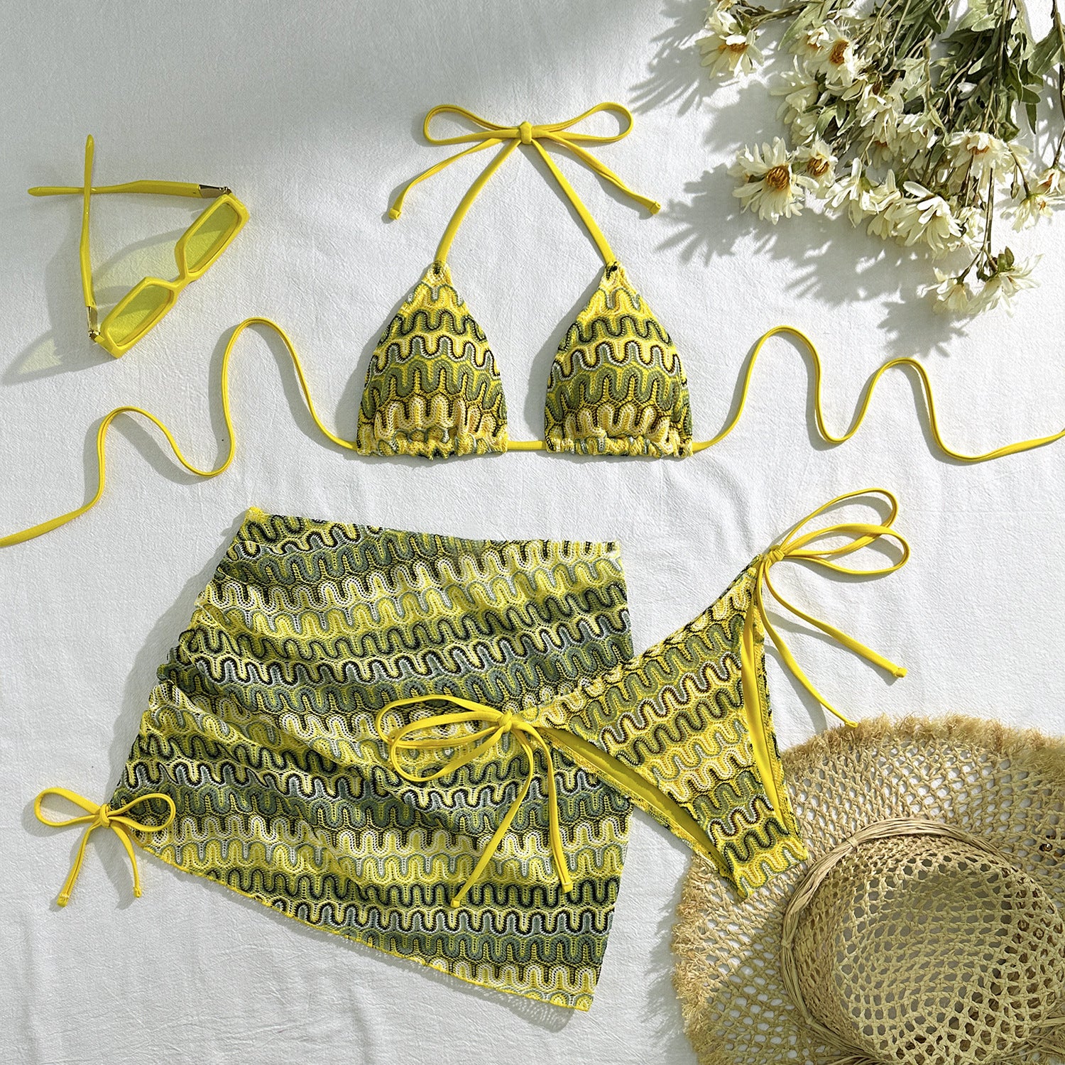2025 European and American New Embroidered Gradient Sexy Three-Piece Swimsuit Swimsuit Bikini Bikini Cross-Border Export