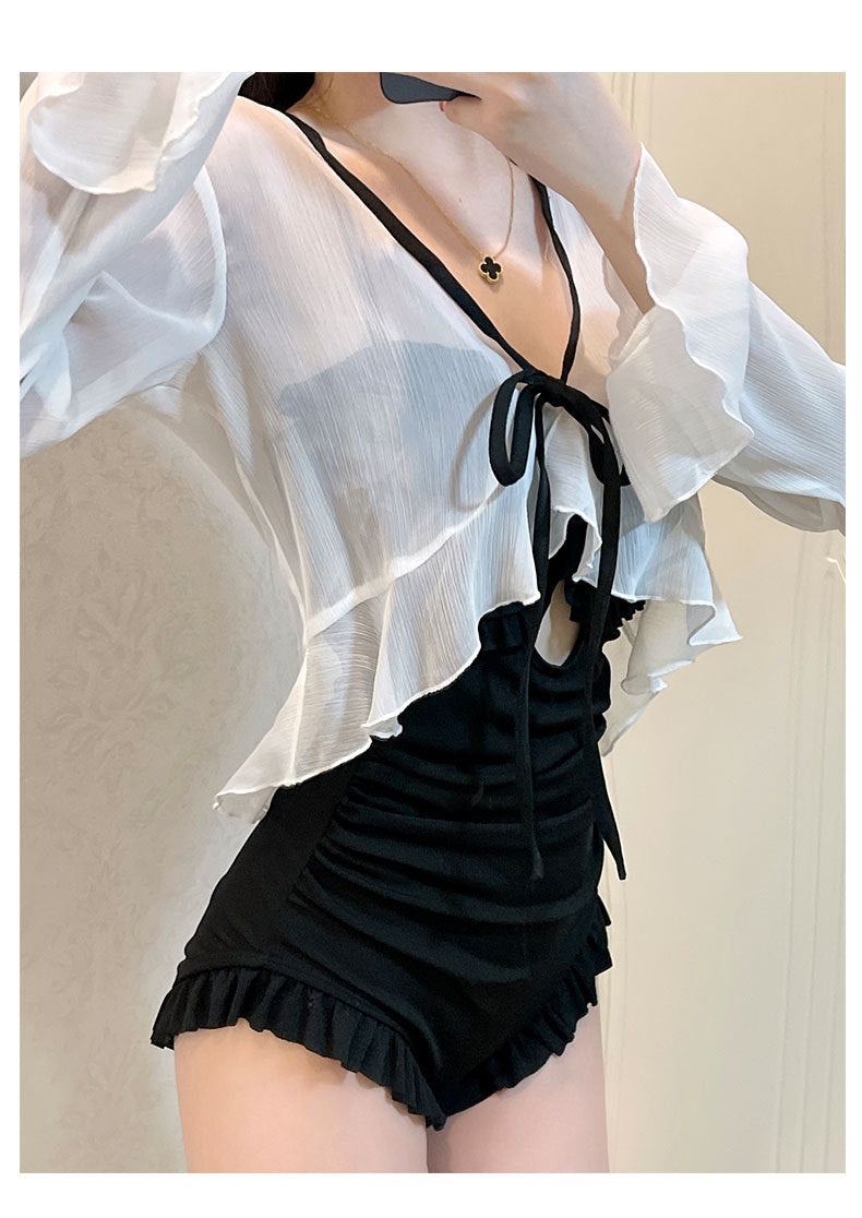 2025 New Long-Sleeved Swimsuit for Women, Covering Belly, Slimming Look, Conservative Hot Spring One-Piece, High-End, Super Fairy Ins Sexy