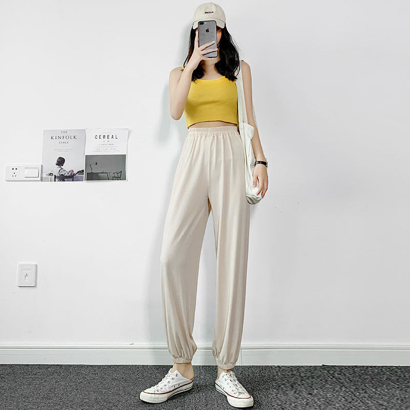 2026 Thin Ice Silk Sports Pants for Women, Loose White Joggers, Summer Thin Casual Harem Sweatpants for Petite Figures