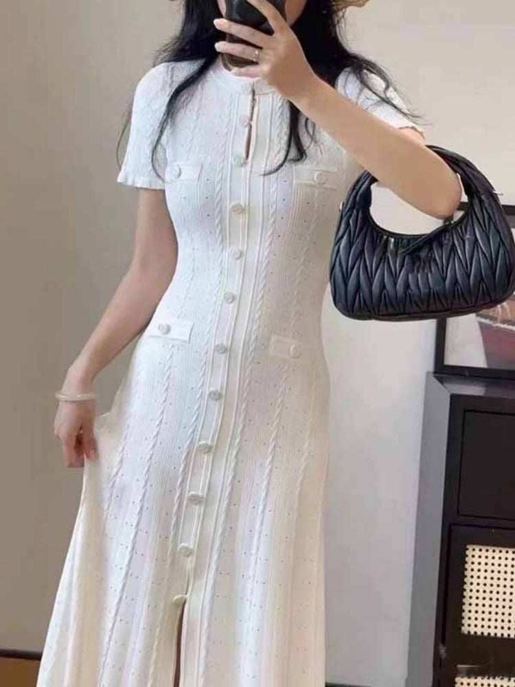2026 New French-Style Elegant Socialite Short-Sleeve Knit Dress with Hollow-Out Ribbed Design and Single-Breasted Slim-Fit Long Dress
