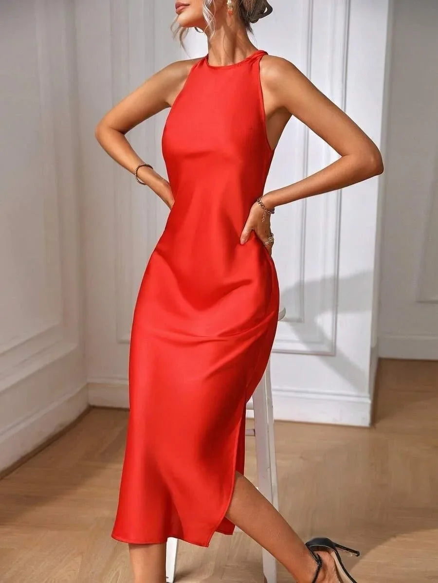 European and American Cross-Border Amazon Satin Dress Women's Spring and Summer Sleeveless Slit Satin Imitation Silk Long Skirt