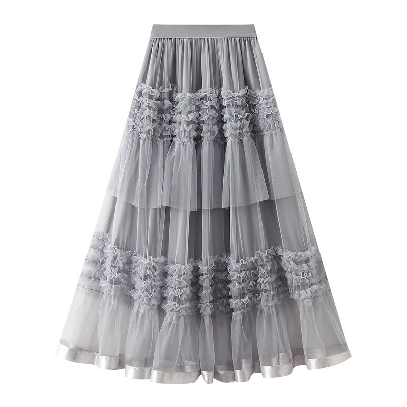 2025 Summer Floor-length Pleated Skirt Women Long Maxi Tulle Skirt for Women High Waist Vintage Mesh Cake Skirt Female