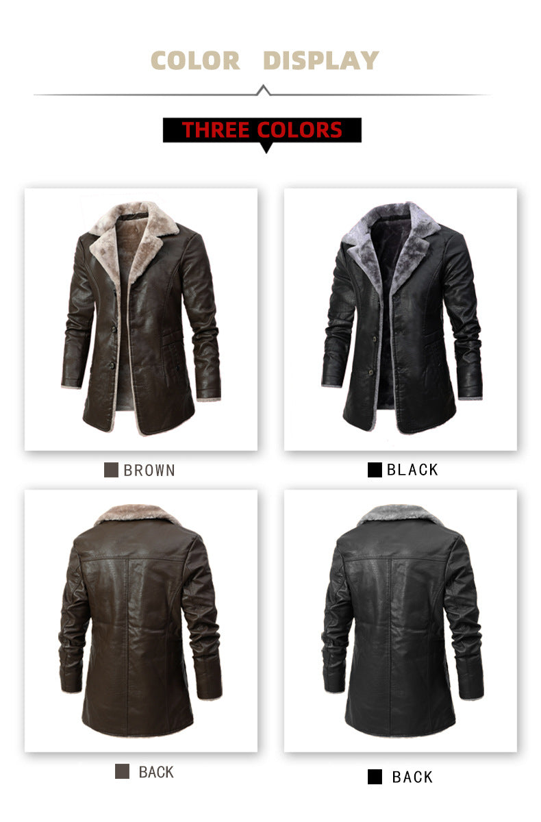 Men's Mid-Length Leather Jacket for Middle-Aged and Elderly People in Autumn and Winter Business European Size Plus Velvet Large Lapel Suit Leather Plush Jacket for Men