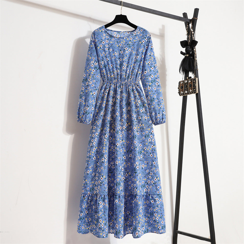 Cross-border Foreign Trade Floral Chiffon Long Dress Women's Spring Dress Long Sleeve Crewneck Base Skirt Waist Slim Long Dress