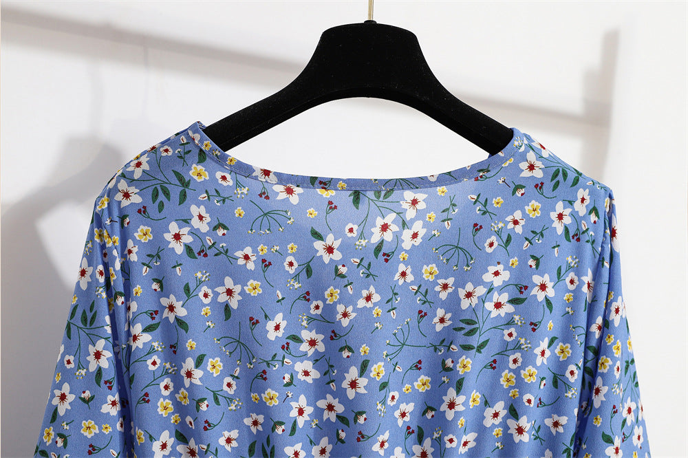 Cross-border Foreign Trade Floral Chiffon Long Dress Women's Spring Dress Long Sleeve Crewneck Base Skirt Waist Slim Long Dress
