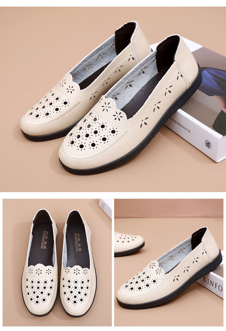 Spring Mom Shoes Sandals Soft Sole Comfortable Flats Hole Hollow Flats Shoes Middle-Aged and Elderly Women's Shoes Elderly Grandma Leather Shoes