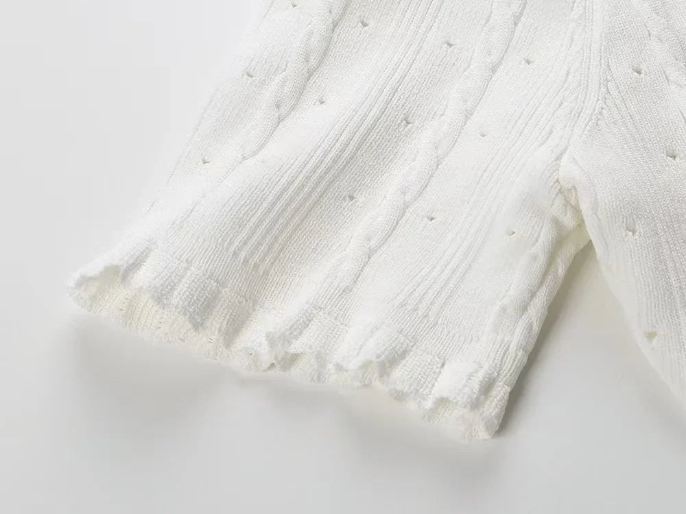2026 New French-Style Elegant Socialite Short-Sleeve Knit Dress with Hollow-Out Ribbed Design and Single-Breasted Slim-Fit Long Dress