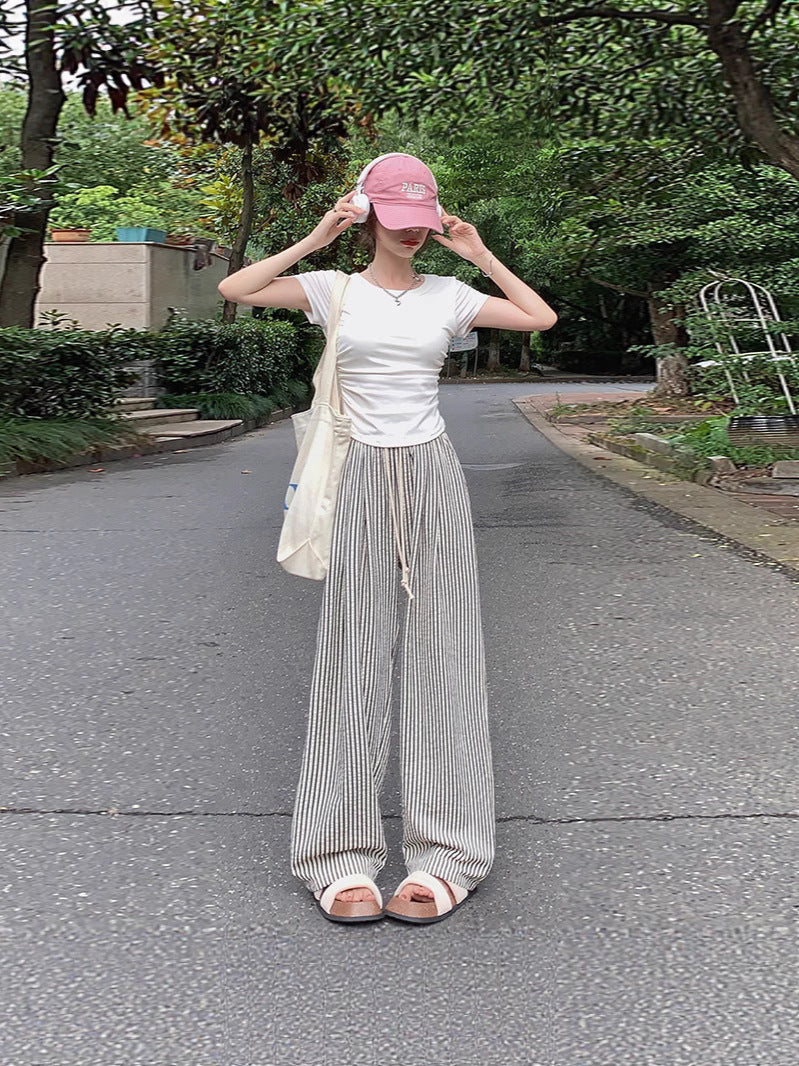 Foreign Trade Bag-free Trendy Black and White Vertical Stripe Wide-leg Pants Women's Summer Thin Vertical Straight Pants All-match Slimming Casual