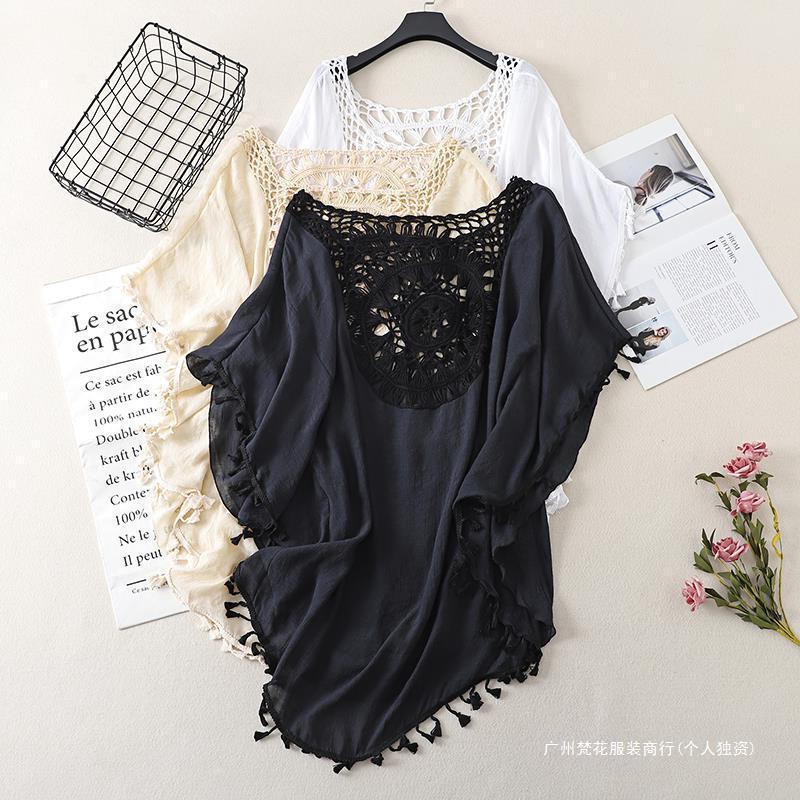 Cross-border new holiday hook solid color stitching European and American beach skirt small tassel sunscreen short sexy beach blouse