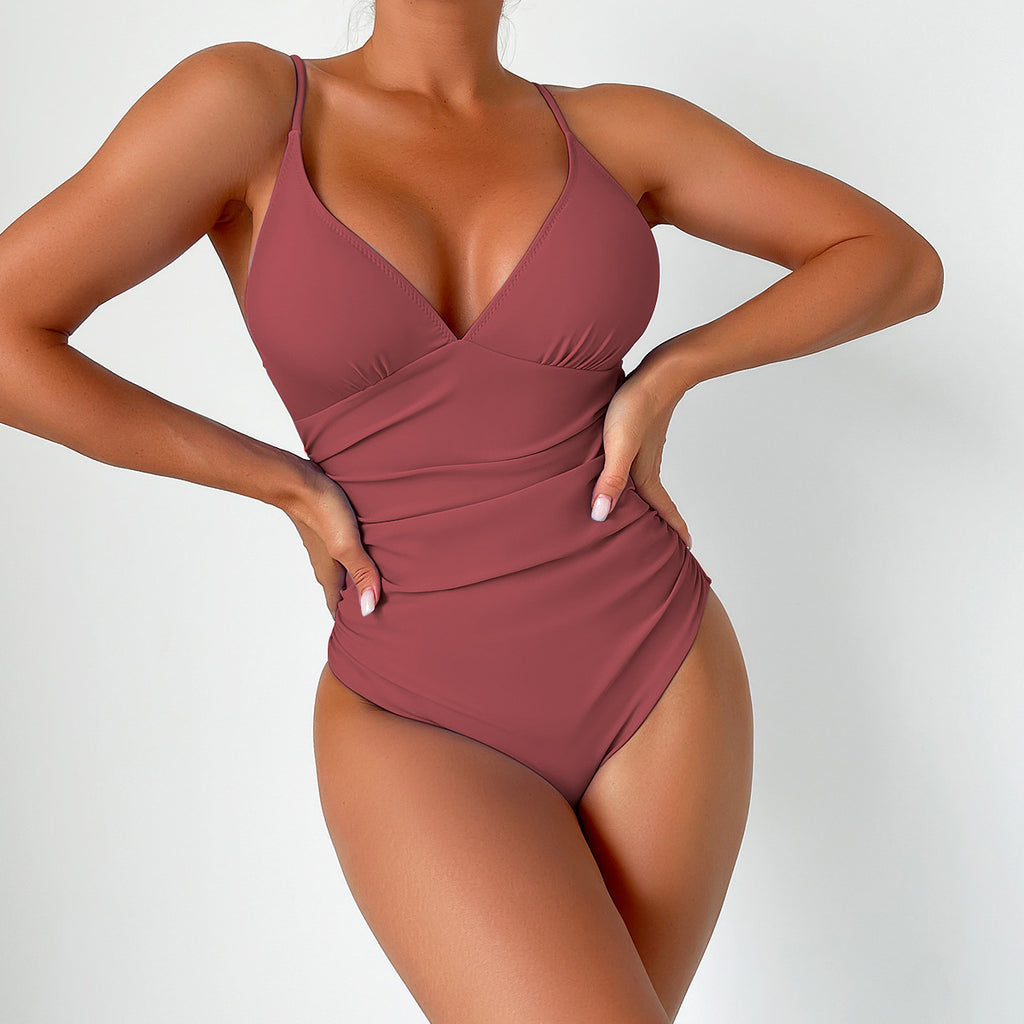 New European and American Solid Color Tight One-Piece Swimsuit Quick-Drying Resort Hot Spring Swimsuit Women's Swimsuit High-End Swimsuit