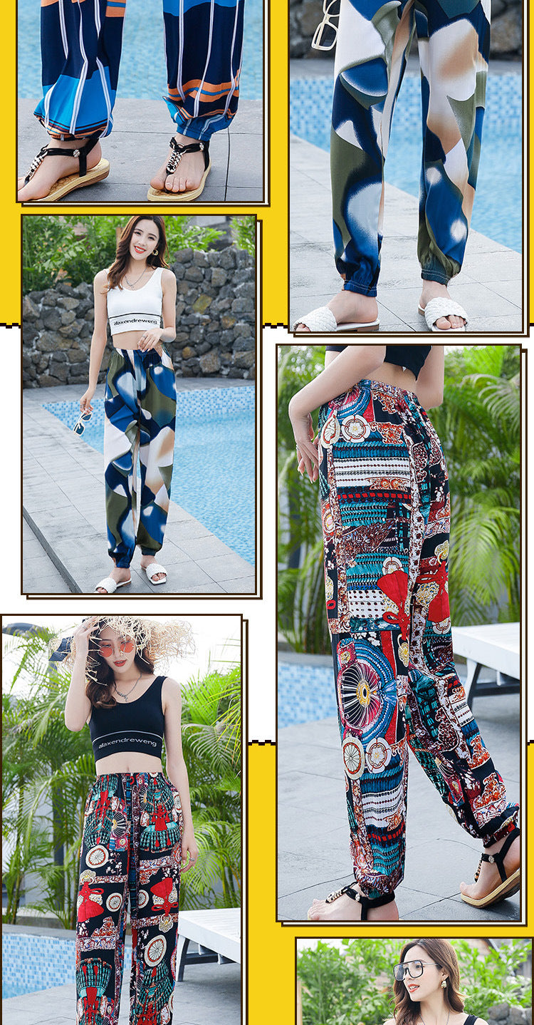 New Beach Pants for Women, Summer Cotton Silk Casual Pants, Thin Pajamas, Ethnic Style Anti-Mosquito Pants, Women's Home Bloomers