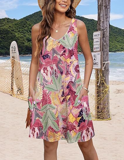2024 summer casual vest V-neck loose dress with pockets summer bohemian beach dress floral T-shirt with pockets