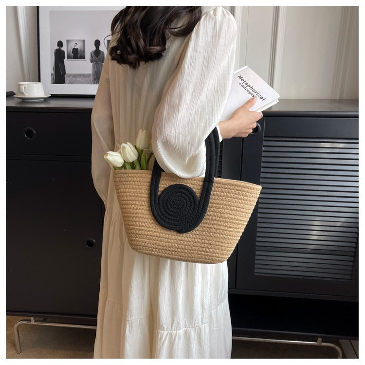 Contrast Cotton Rope Woven Handbag Women's Bag Korean Style Bag New Large Capacity Stylisse Handbag All-match Tote Bag