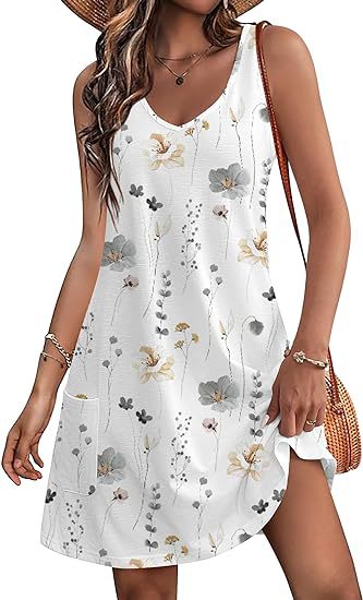 2024 summer casual vest V-neck loose dress with pockets summer bohemian beach dress floral T-shirt with pockets