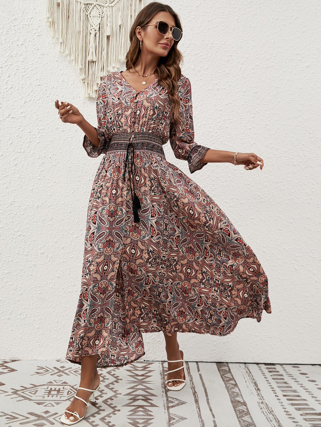 2025 Rayon Positioning Printed Three-Quarter Sleeve Waist Bohemian Women's Dress Vacation Buttoned Beach Skirt