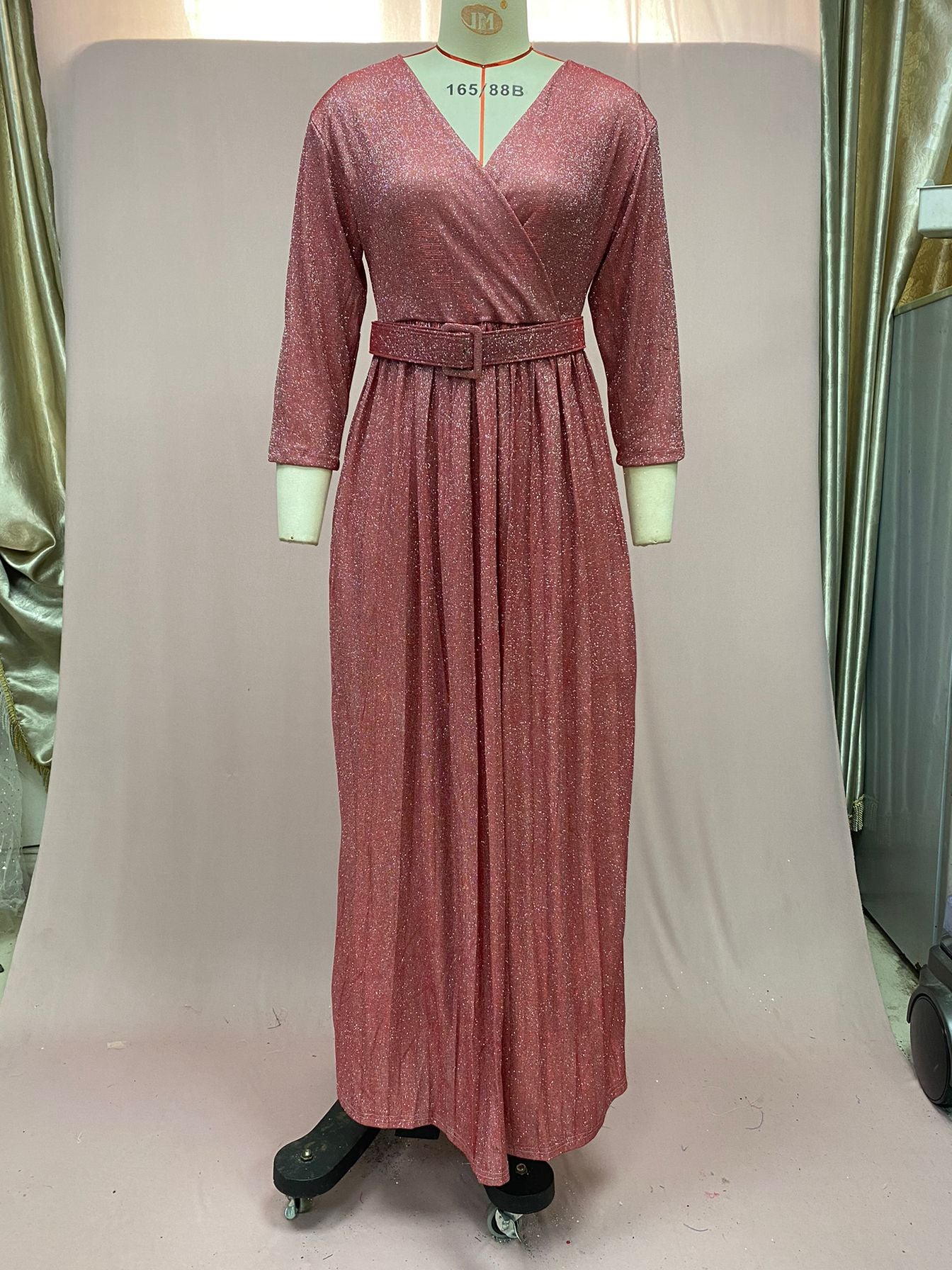 2025 Winter Cross-Border European and American African Women's Fashionable Long-Sleeved Bronzing Pleated Skirt with Belt Glitter Fabric
