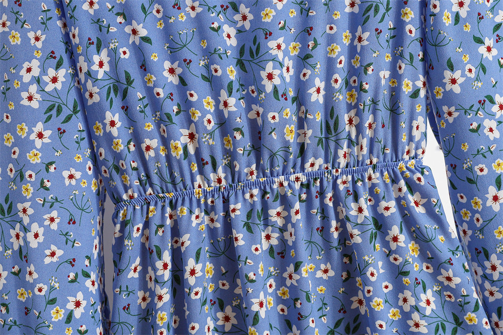 Cross-border Foreign Trade Floral Chiffon Long Dress Women's Spring Dress Long Sleeve Crewneck Base Skirt Waist Slim Long Dress