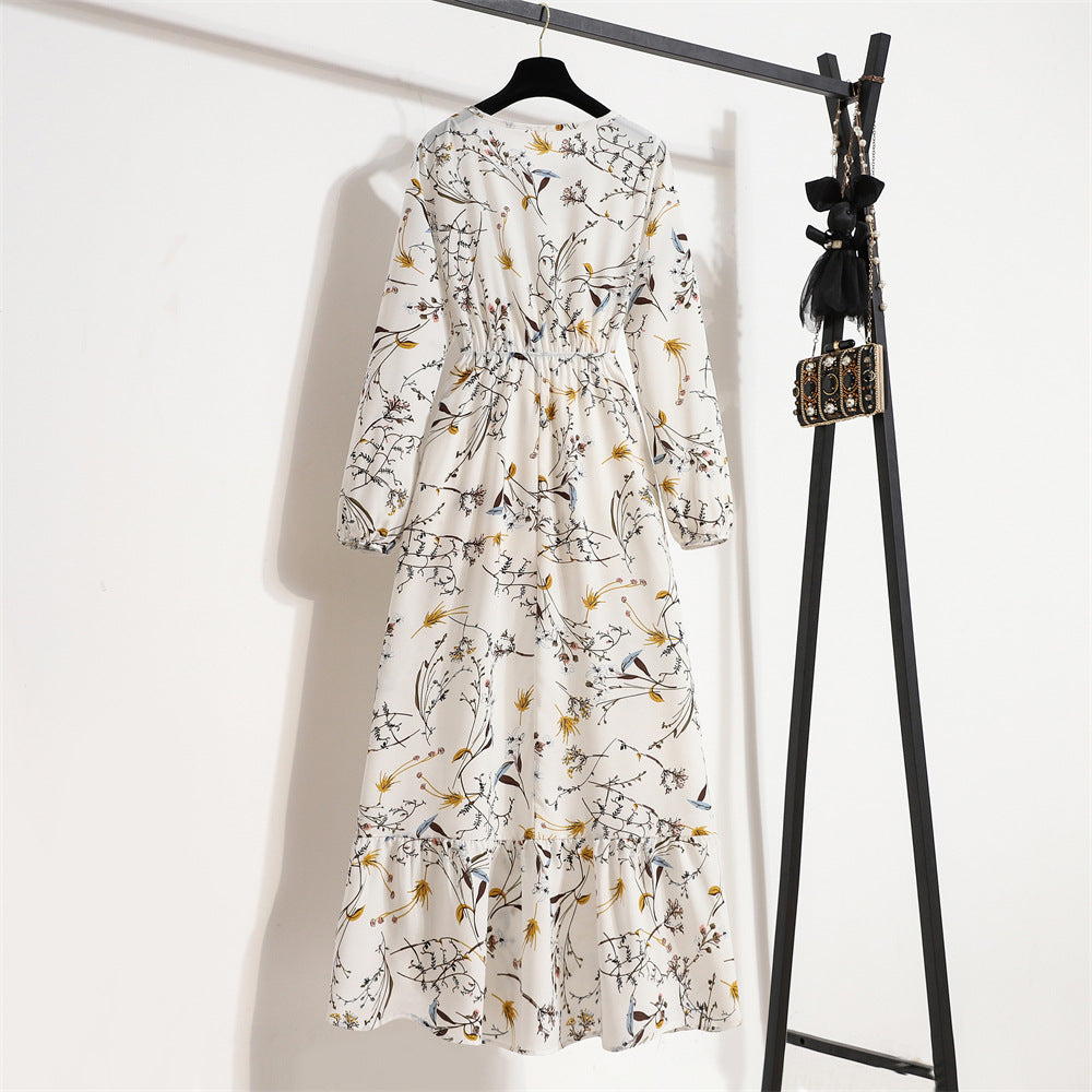 Cross-border Foreign Trade Floral Chiffon Long Dress Women's Spring Dress Long Sleeve Crewneck Base Skirt Waist Slim Long Dress