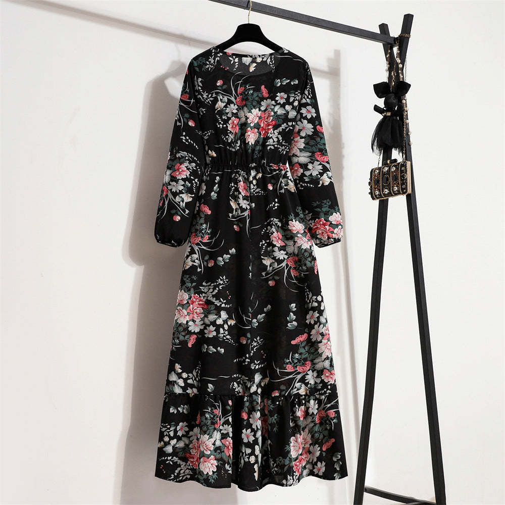 Cross-border Foreign Trade Floral Chiffon Long Dress Women's Spring Dress Long Sleeve Crewneck Base Skirt Waist Slim Long Dress