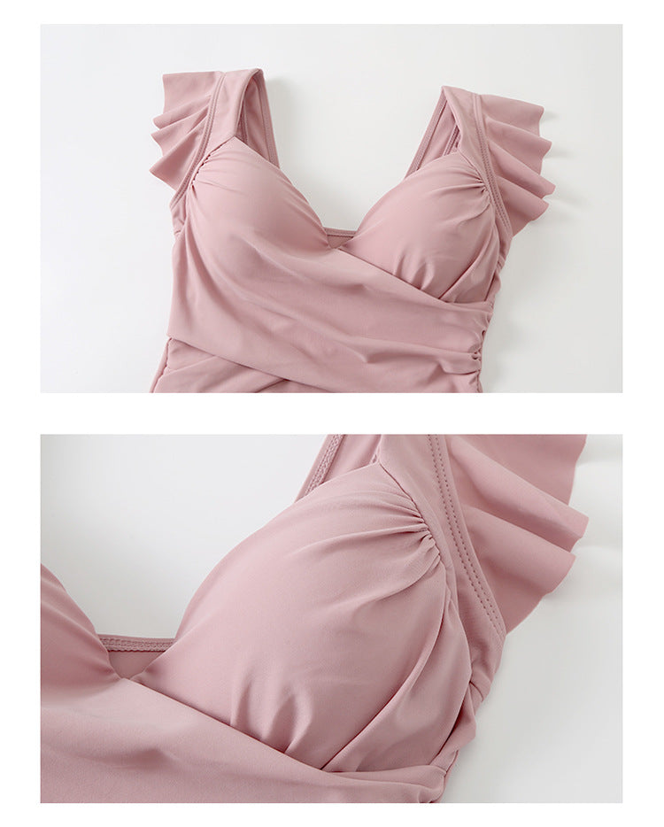 Women's Plus Size Swimsuit One-Piece Belly-Covering Slimming Look with Steel Rings Big Breasts Gathered up Western Style Super Fairy Hot Spring Conservative Vacation Swimsuit