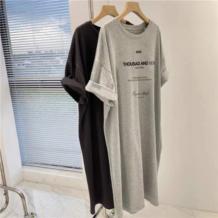 Korean Short-Sleeved Dress Women's Summer Fat mm Large Size Slim Mid-Length T-Shirt Dress over the Knee Casual Long Skirt
