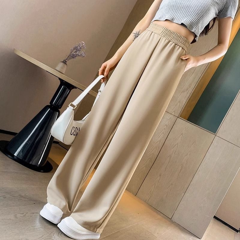 Ice Silk Thin Narrow Wide-Leg Suit Pants for Women, Summer Casual Pear-Shaped Body Slimming Drape Straight Sunscreen Pants