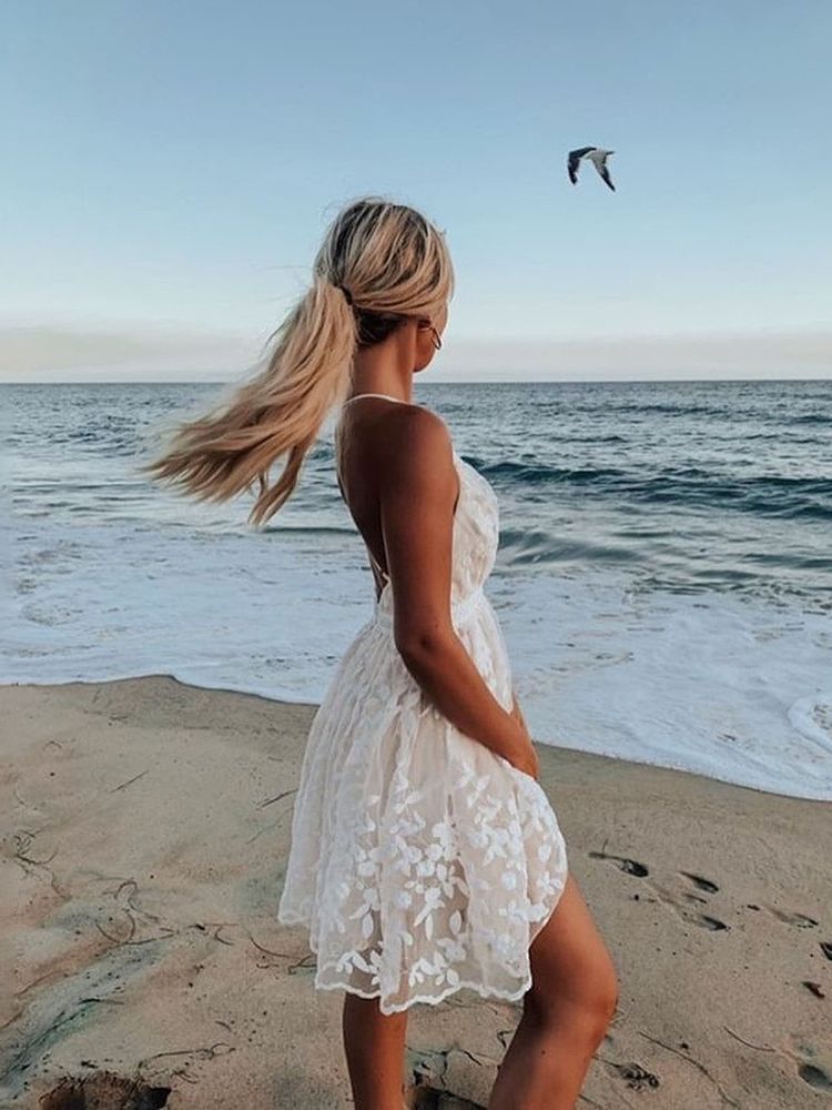 Cross-Border 2023 Summer New European and American Sexy Deep V Neck Backless Suspender Dress Amazon Lace Beach Dress