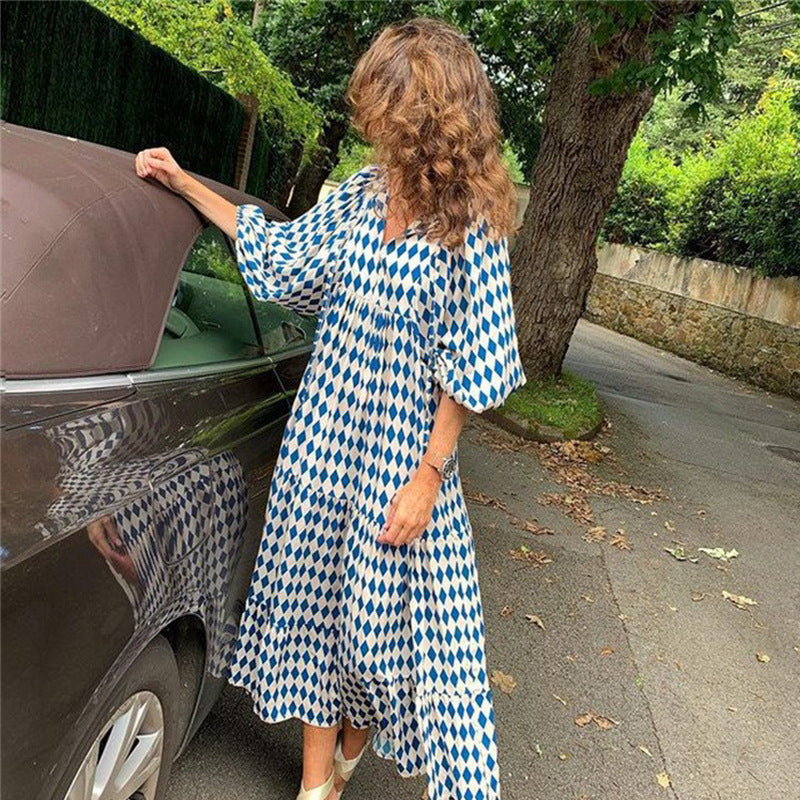 European and American Plus-Size Women's Loose-Fitting Bohemian Round-Neck Lantern-Sleeve Sweet Girl Dress Wholesale from Source Factory