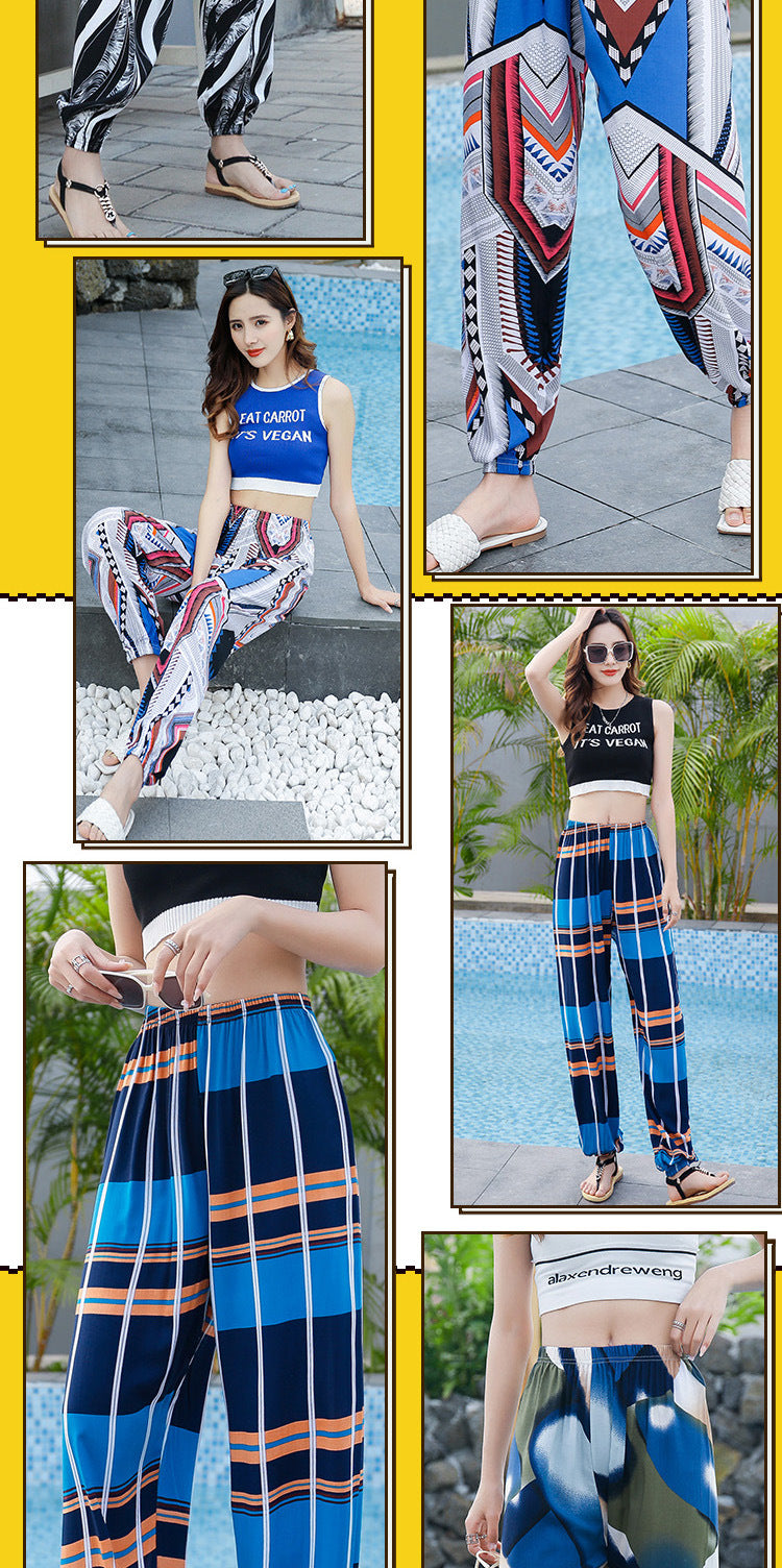 New Beach Pants for Women, Summer Cotton Silk Casual Pants, Thin Pajamas, Ethnic Style Anti-Mosquito Pants, Women's Home Bloomers