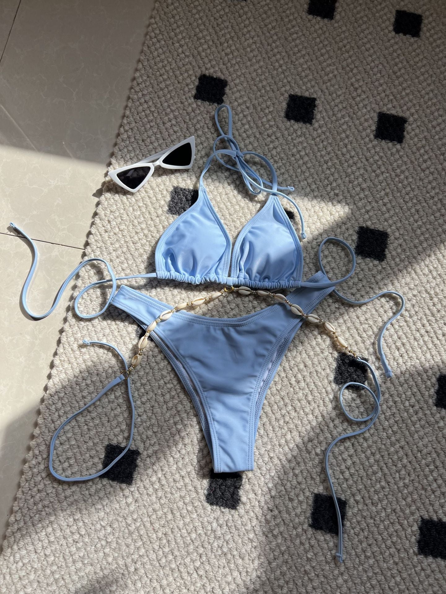2025 European and American Plain New Sexy Shell Chain Swimsuit Swimsuit Bikini Bikini Cross-Border Export