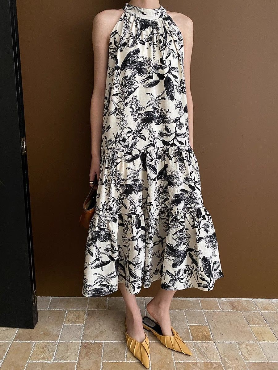 French Ink Print Sling dress Summer 2024 New Elegant Cool Beach Seaside Holiday Midi Dress