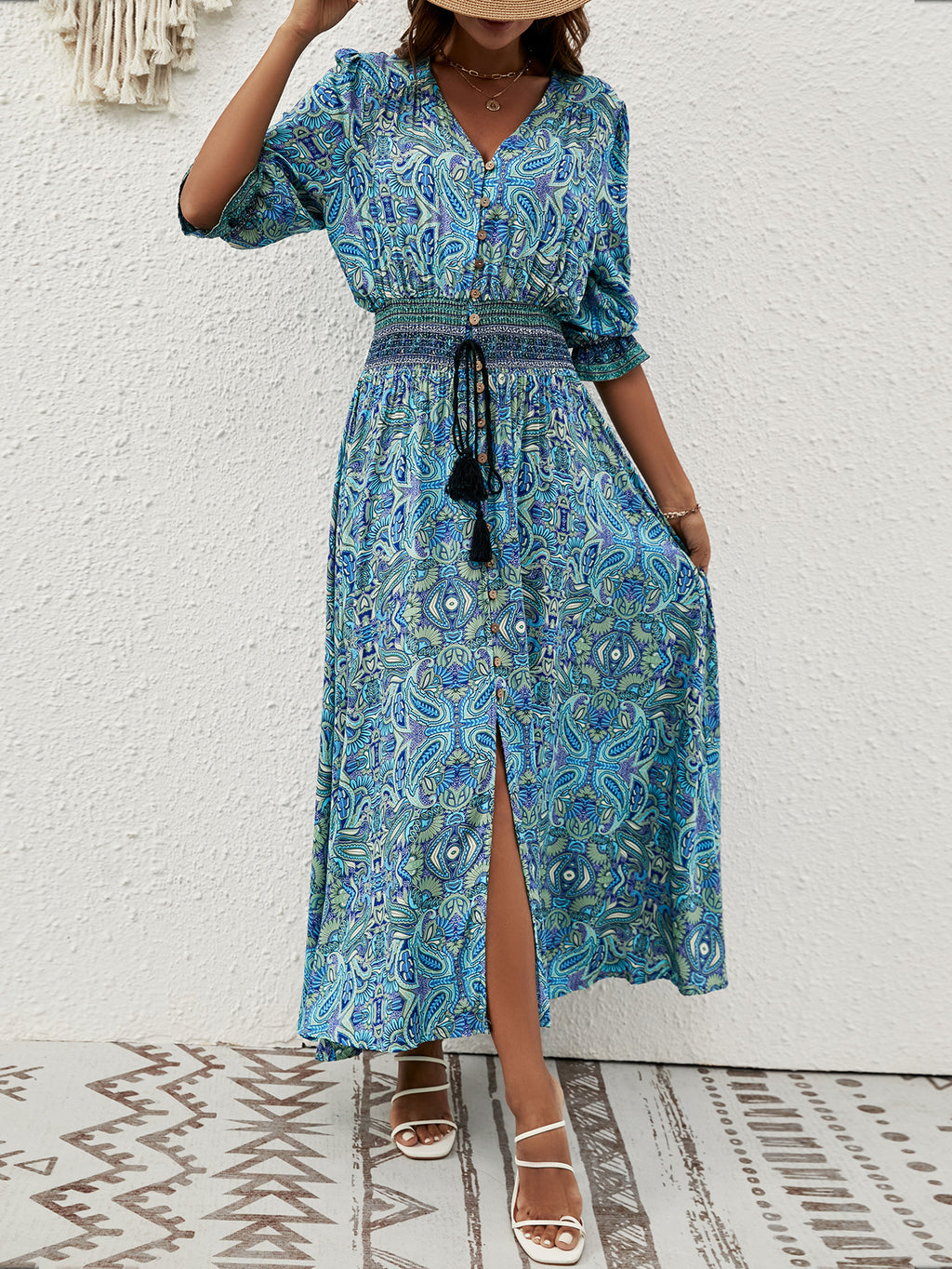 2025 Rayon Positioning Printed Three-Quarter Sleeve Waist Bohemian Women's Dress Vacation Buttoned Beach Skirt