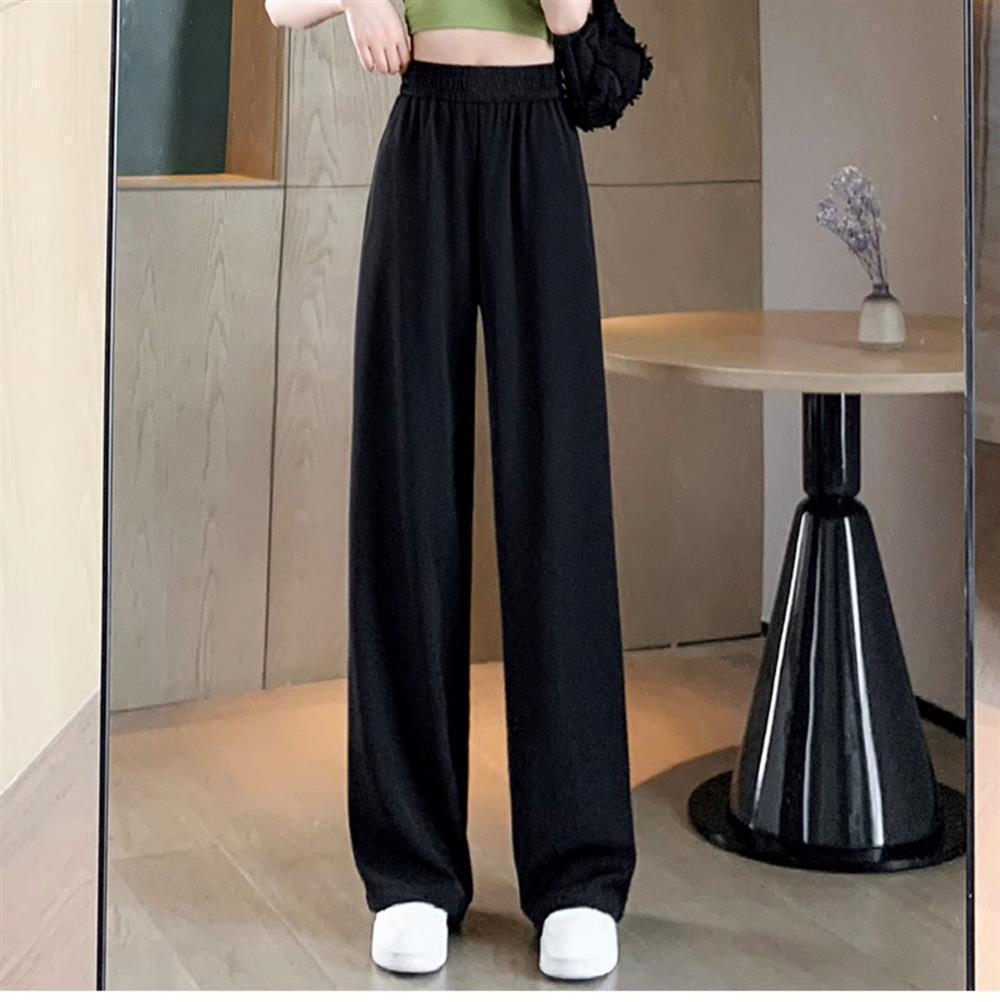 Ice Silk Thin Narrow Wide-Leg Suit Pants for Women, Summer Casual Pear-Shaped Body Slimming Drape Straight Sunscreen Pants