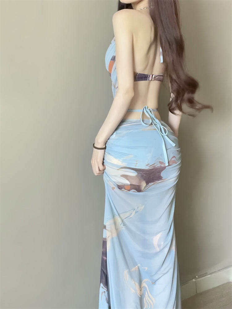 Hot Girl Bikini Swimsuit Female Three-Piece Seaside Vacation Long Skirt Small Breast Push-Up with Underwire Sexy Hot Spring Swimsuit