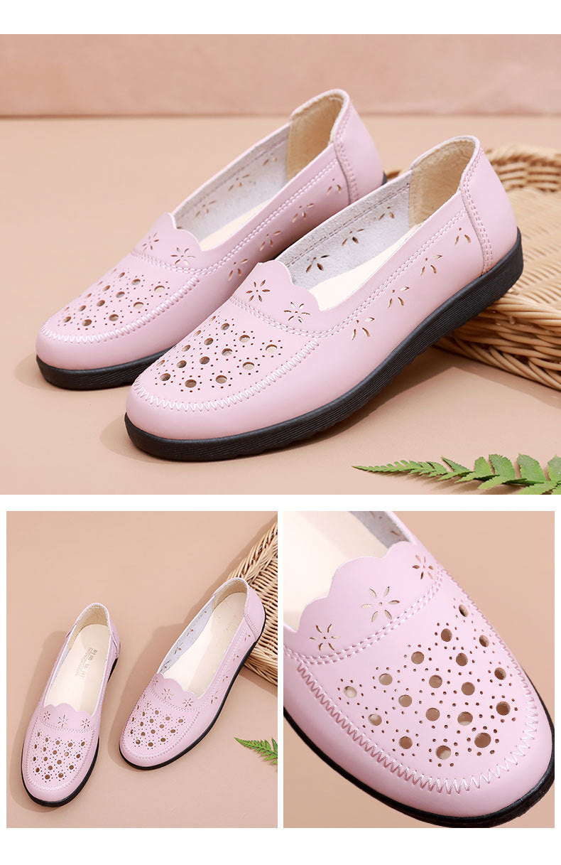 Spring Mom Shoes Sandals Soft Sole Comfortable Flats Hole Hollow Flats Shoes Middle-Aged and Elderly Women's Shoes Elderly Grandma Leather Shoes