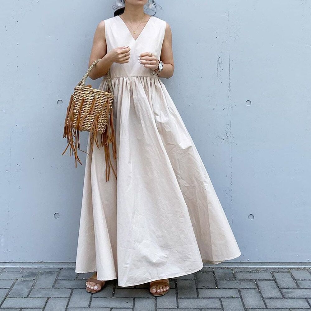 In-Stock Korean 2026 Season New Style Loose Sleeveless Dress with a Large Hem, Slimming Mid-Length Dress with Patchwork Design