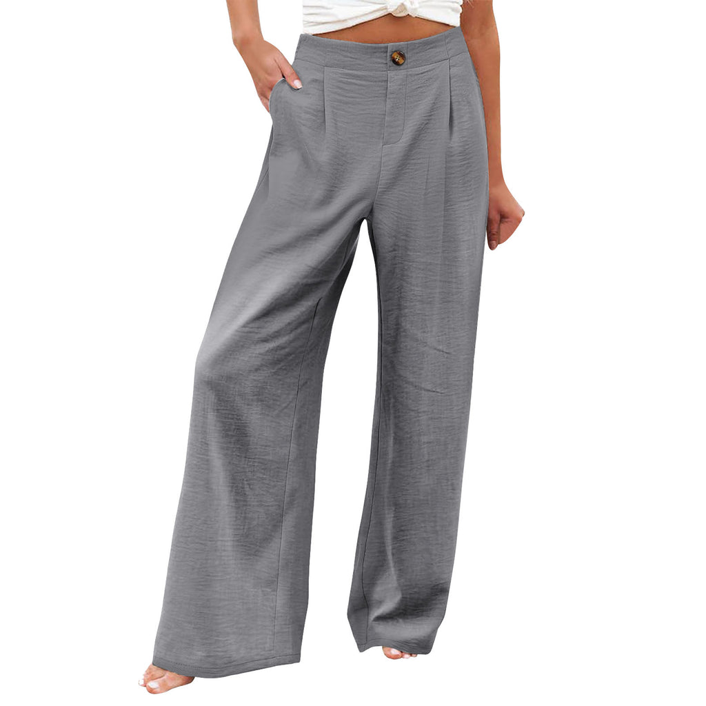 2026 Cross-Border Amazon European and American Summer Comfortable High-Waisted Long Pants with Buttons and Elastic Waist Wide-Leg Pants for Women Casual Straight-Leg Pants