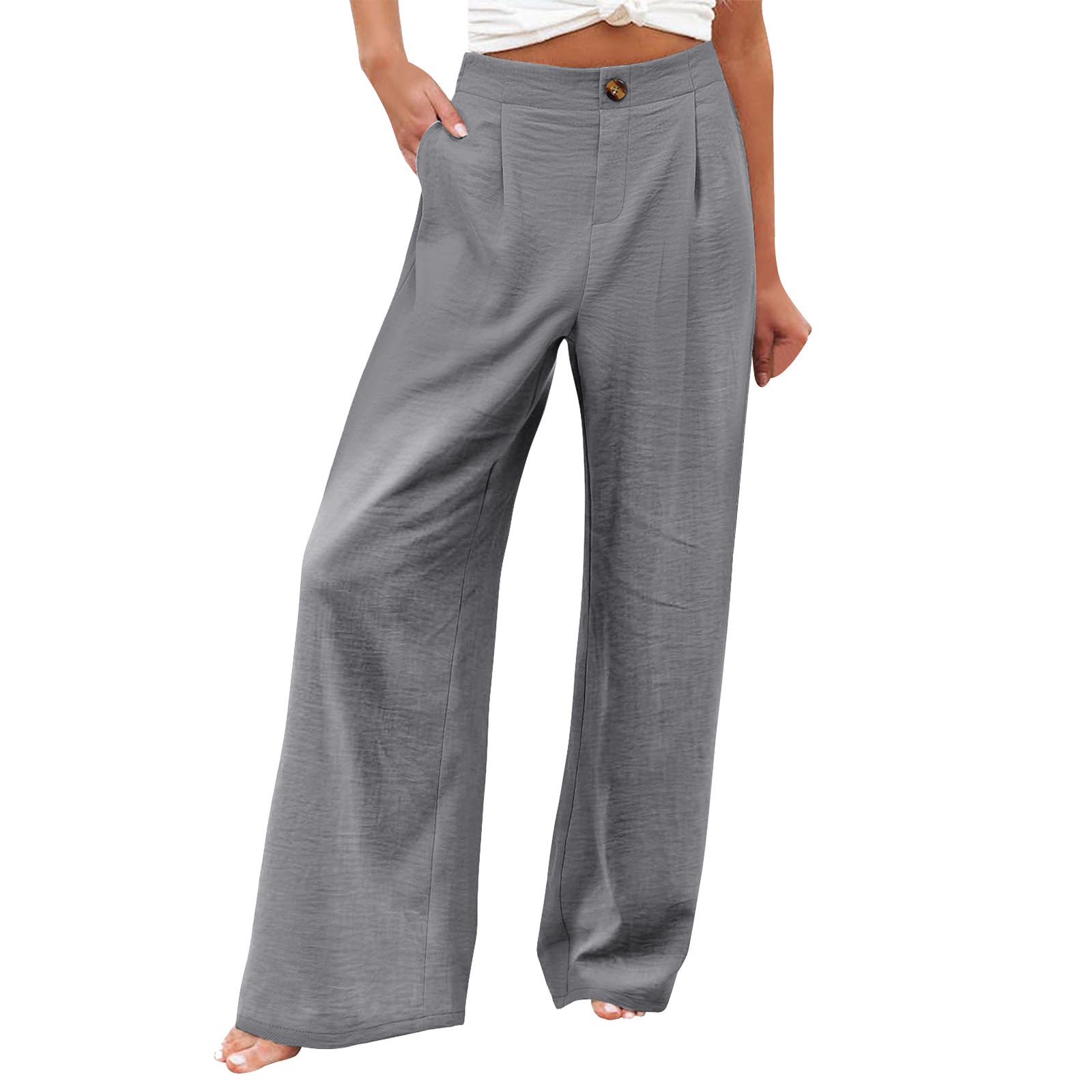 2026 Cross-Border Amazon European and American Summer Comfortable High-Waisted Long Pants with Buttons and Elastic Waist Wide-Leg Pants for Women Casual Straight-Leg Pants