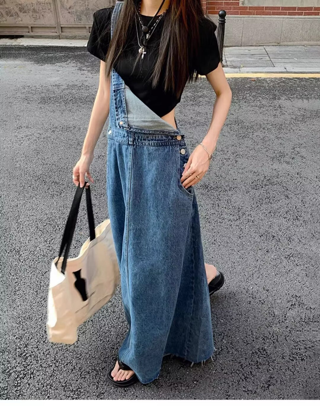 Age-Reducing and Slimming Denim Suspender Dress for Women, 2026 Autumn New Style, Loose Fit, Long Dress for Tall Women, Blue Dress