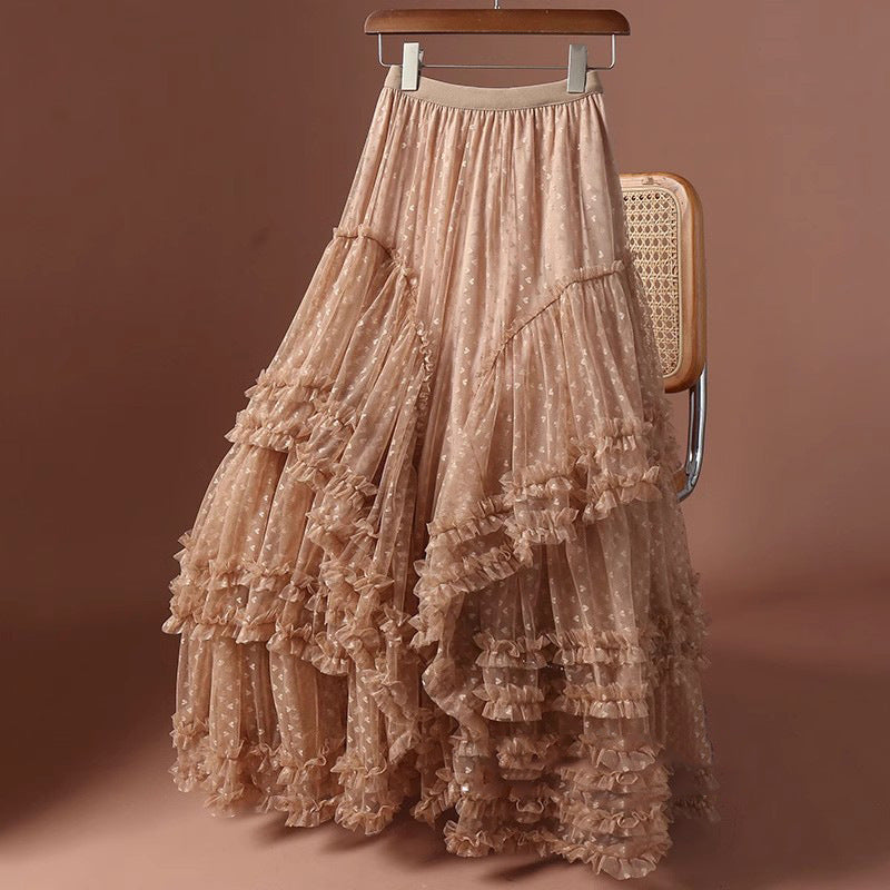 2026 Mesh Heart Printed Skirt Women Elastic High Waist Skirt Elegant Tulle A Line Ruffle Party Skirt Long Summer Saia Feminina