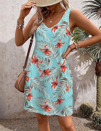 2024 summer casual vest V-neck loose dress with pockets summer bohemian beach dress floral T-shirt with pockets