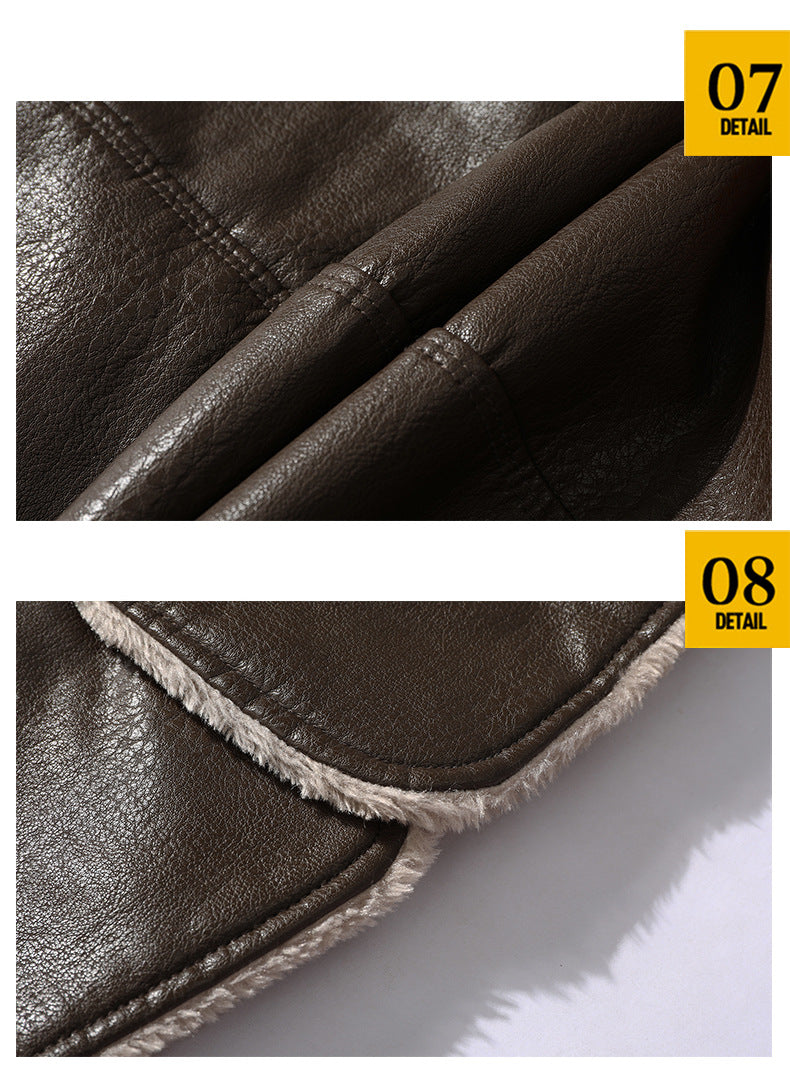 Men's Mid-Length Leather Jacket for Middle-Aged and Elderly People in Autumn and Winter Business European Size Plus Velvet Large Lapel Suit Leather Plush Jacket for Men