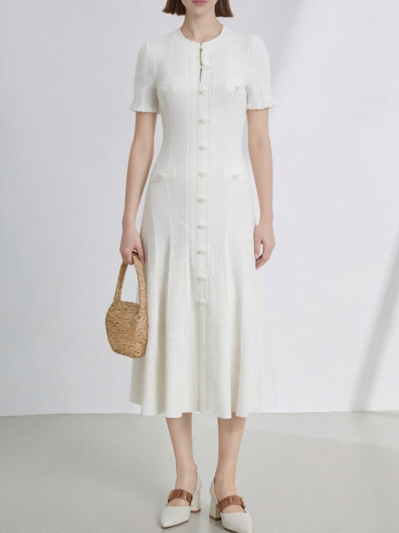 2026 New French-Style Elegant Socialite Short-Sleeve Knit Dress with Hollow-Out Ribbed Design and Single-Breasted Slim-Fit Long Dress