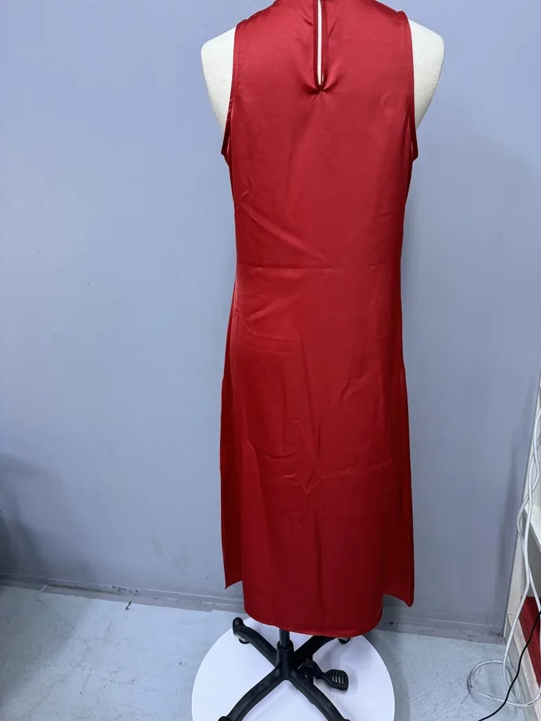 European and American Cross-Border Amazon Satin Dress Women's Spring and Summer Sleeveless Slit Satin Imitation Silk Long Skirt